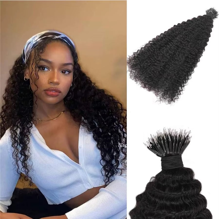 Deep Curly Nano Ring Human Hair Extension Pre Bonded Microlink Nano Beads Ring Hair Small Curly 100G 100Strands