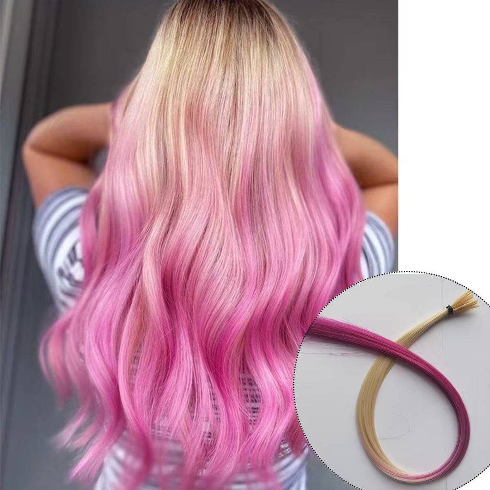 Rainbow Color Hair Extensions I-Tip Long Straight Hairpieces Synthetic Highlight Feather Micro Ring Hair Accessories Ombre Color