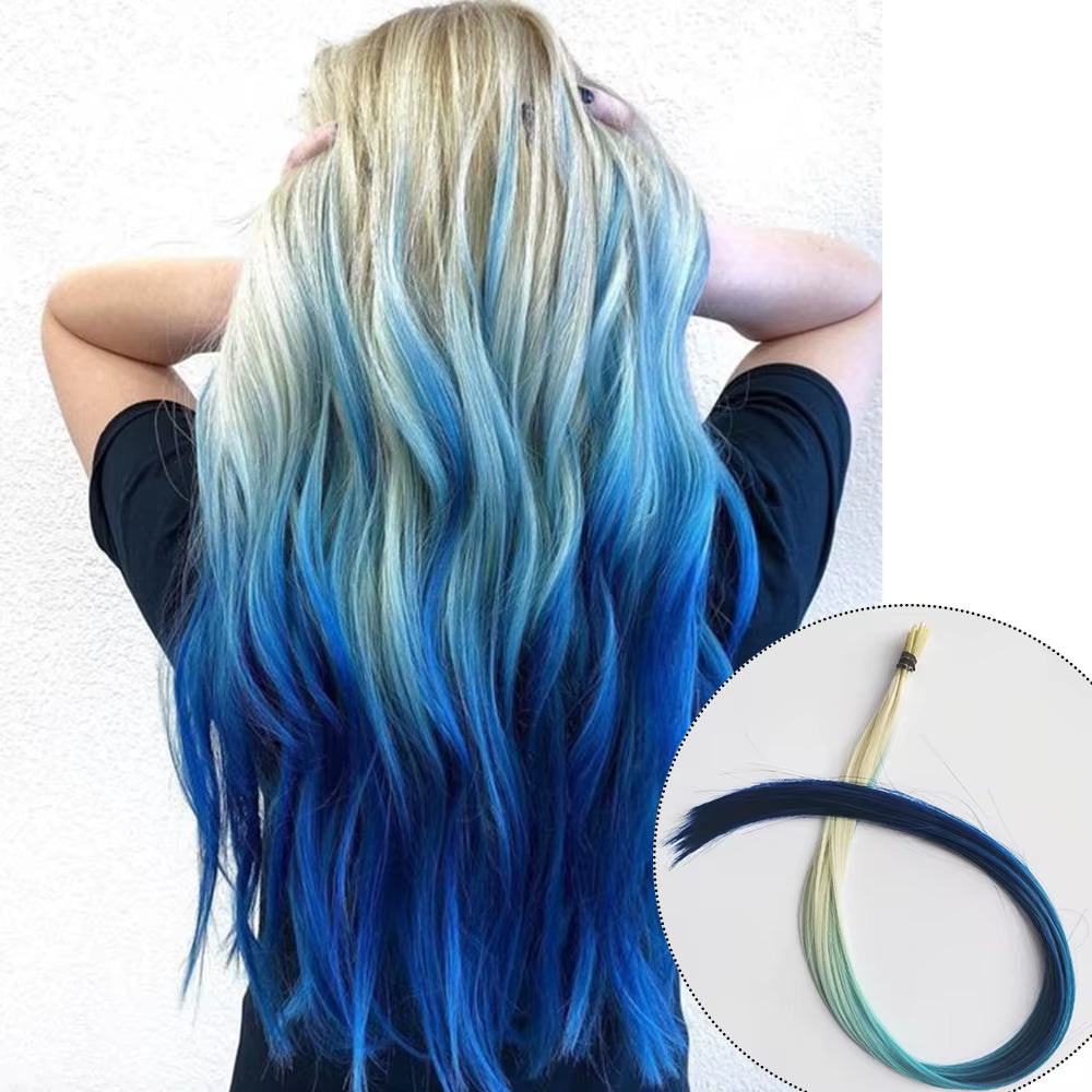 Rainbow Color Hair Extensions I-Tip Long Straight Hairpieces Synthetic Highlight Feather Micro Ring Hair Accessories Ombre Color