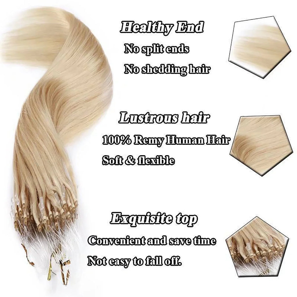 Blonde Micro Loop Ring 100% Remy Human Hair Extensions Thick Invisible Nano Beads Micro Link Hairpiece 50S 1G