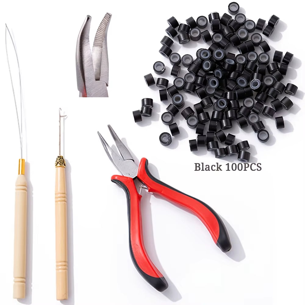 Hair Extensions Tool Kit I-Tip Hair Extension Pliers Pulling Hook Bead Device Tool Kits and 100 Pcs 5 Mm Micro Links Rings Beads