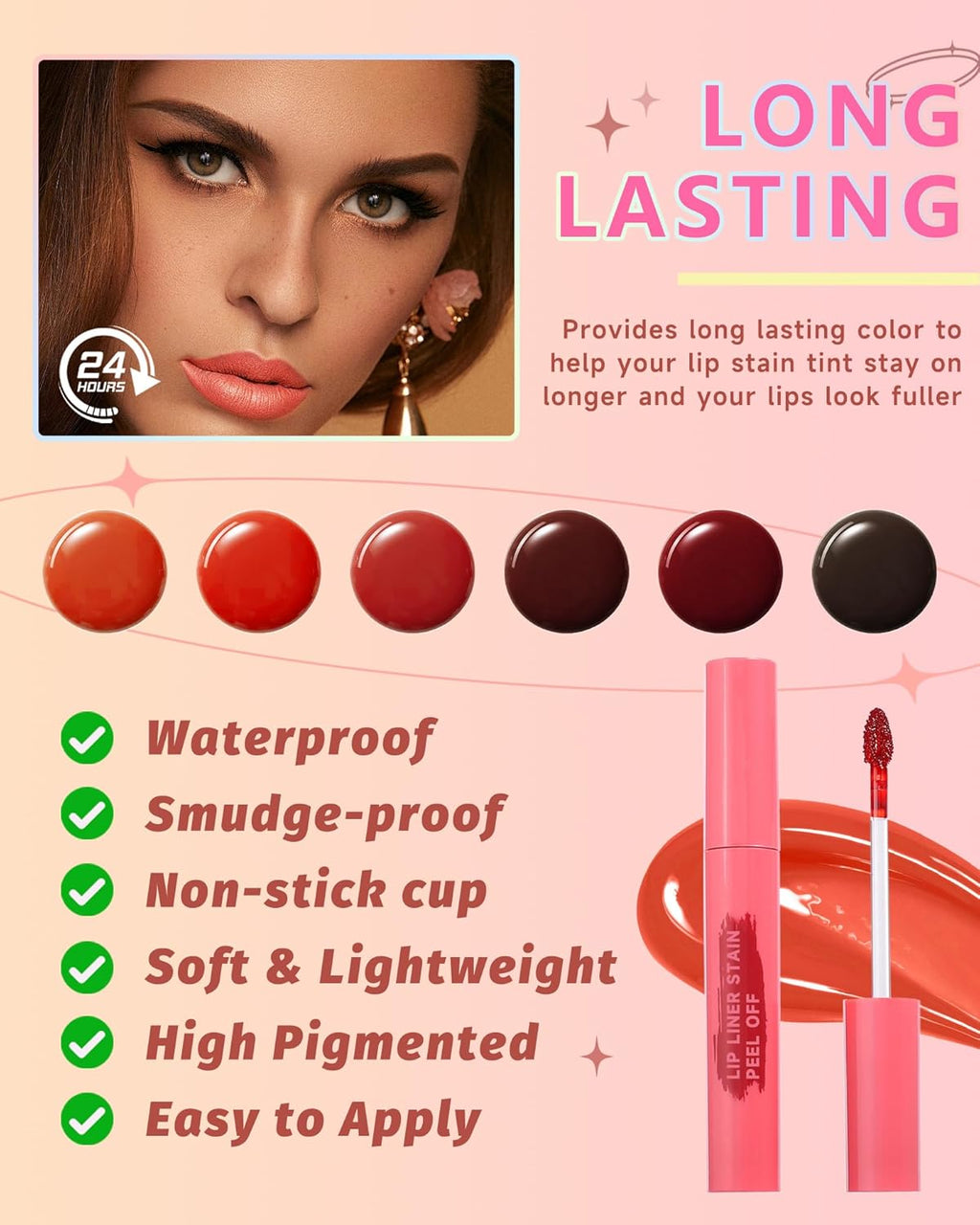 Peel off Lip Liner Stain Set, 2Pcs Waterproof Lip Tattoo Peel off Lip Tint Stain, Long Lasting Transfer-Proof Non Stick, Matte Finish High Pigmented Color Peel & Reveal Lips Gloss Makeup for Women-3,4