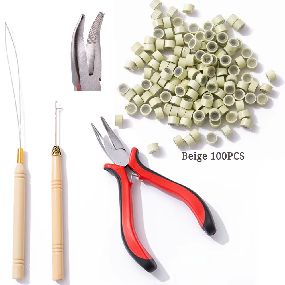 Hair Extensions Tool Kit I-Tip Hair Extension Pliers Pulling Hook Bead Device Tool Kits and 100 Pcs 5 Mm Micro Links Rings Beads