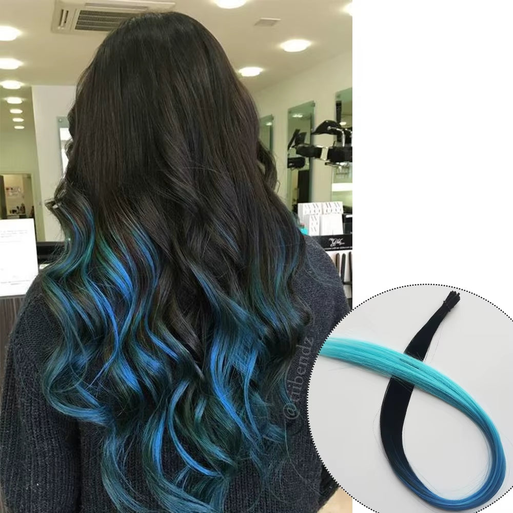 Rainbow Color Hair Extensions I-Tip Long Straight Hairpieces Synthetic Highlight Feather Micro Ring Hair Accessories Ombre Color