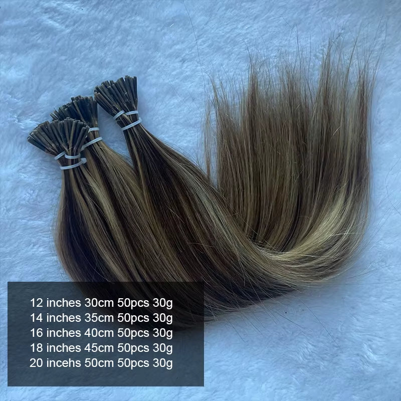 P4-27# I Tip Human Hair Extensions 12-20 Inches Micro Ring Hair Straight 30G Lightweight Pre Bonded Micro Link Hair 50Pcs/Pack