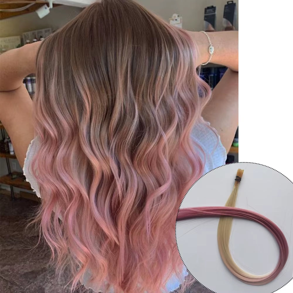 Rainbow Color Hair Extensions I-Tip Long Straight Hairpieces Synthetic Highlight Feather Micro Ring Hair Accessories Ombre Color