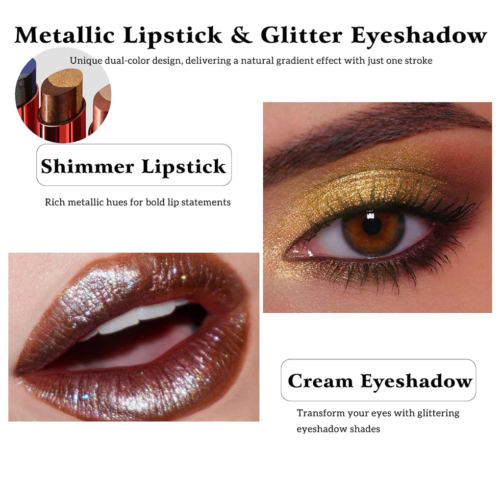 Glitter Lipstick Long Lasting Metallic Lip Liner Shimmer for Women Makeup Double Colors Eyeshadow Stick Hydrating Highly Pigmented Eye Shadow Full Coverage Non Stick Cup Lips Gloss Lightweight
