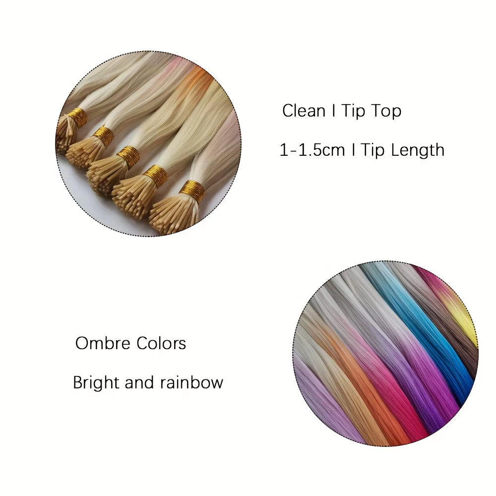 Rainbow Color Hair Extensions I-Tip Long Straight Hairpieces Synthetic Highlight Feather Micro Ring Hair Accessories Ombre Color