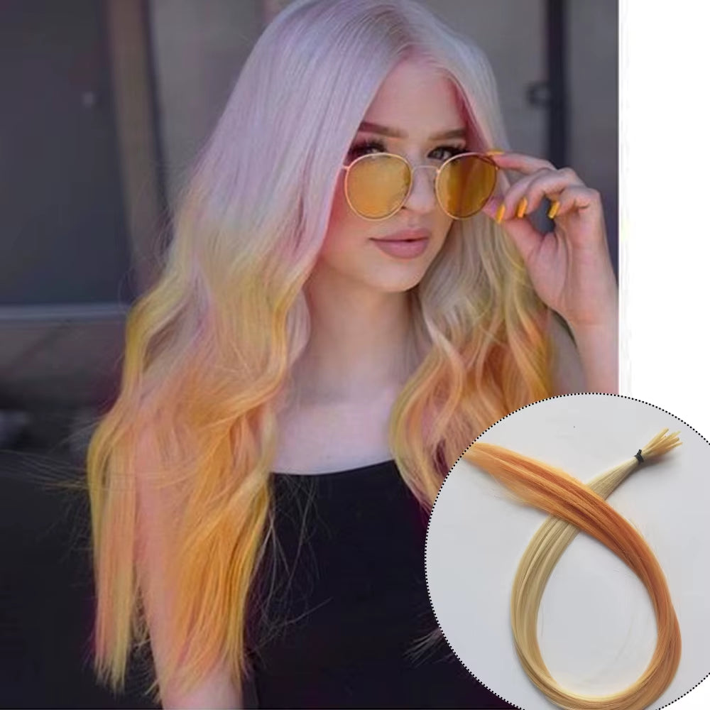 Rainbow Color Hair Extensions I-Tip Long Straight Hairpieces Synthetic Highlight Feather Micro Ring Hair Accessories Ombre Color