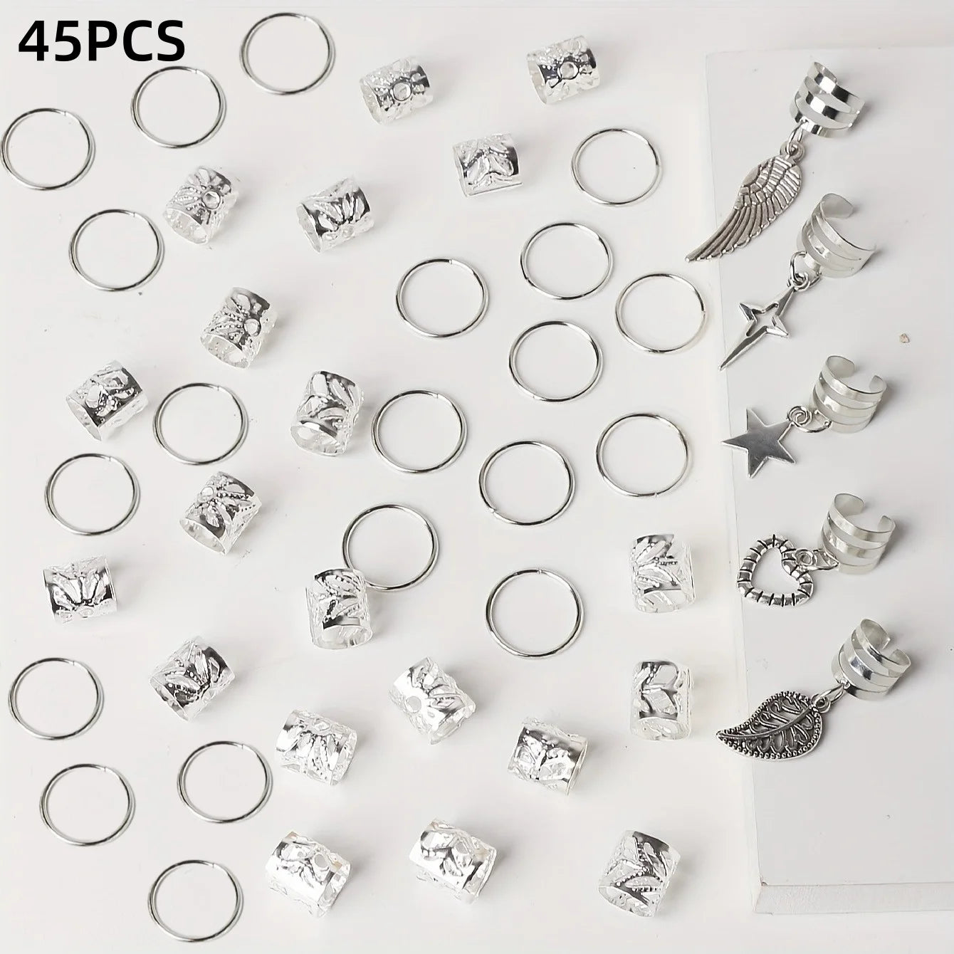 45-Piece Boho Hair Rings Set – Gold & Silver Alloy Dreadlock Beads, Braid Rings & Loc Jewelry for Women (Hippie, Festival & Everyday Style)
