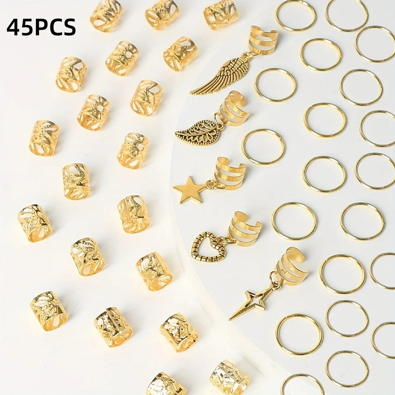 45-Piece Boho Hair Rings Set – Gold & Silver Alloy Dreadlock Beads, Braid Rings & Loc Jewelry for Women (Hippie, Festival & Everyday Style)