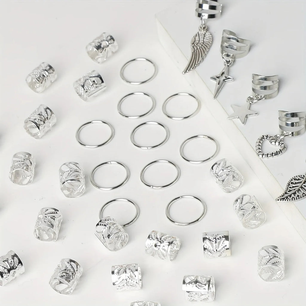 45-Piece Boho Hair Rings Set – Gold & Silver Alloy Dreadlock Beads, Braid Rings & Loc Jewelry for Women (Hippie, Festival & Everyday Style)