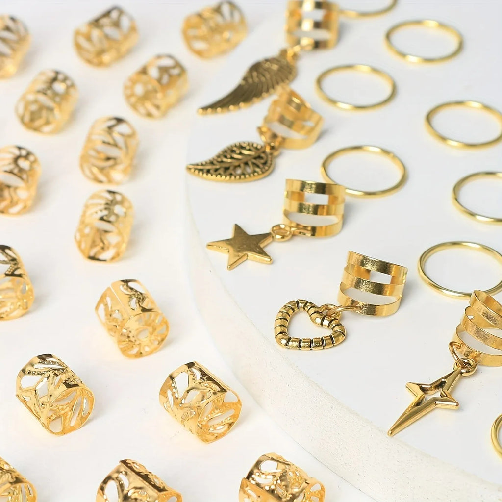 45-Piece Boho Hair Rings Set – Gold & Silver Alloy Dreadlock Beads, Braid Rings & Loc Jewelry for Women (Hippie, Festival & Everyday Style)