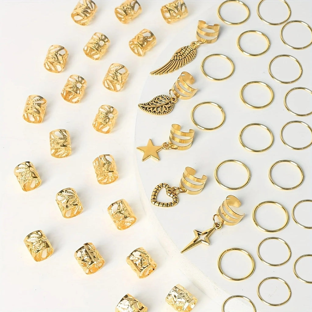 45-Piece Boho Hair Rings Set – Gold & Silver Alloy Dreadlock Beads, Braid Rings & Loc Jewelry for Women (Hippie, Festival & Everyday Style)