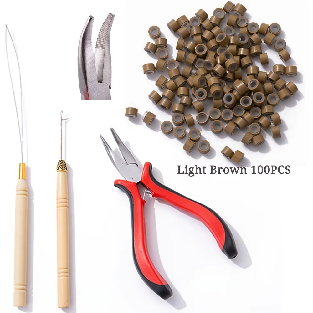 Hair Extensions Tool Kit I-Tip Hair Extension Pliers Pulling Hook Bead Device Tool Kits and 100 Pcs 5 Mm Micro Links Rings Beads