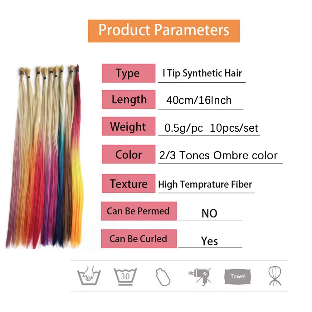 Rainbow Color Hair Extensions I-Tip Long Straight Hairpieces Synthetic Highlight Feather Micro Ring Hair Accessories Ombre Color