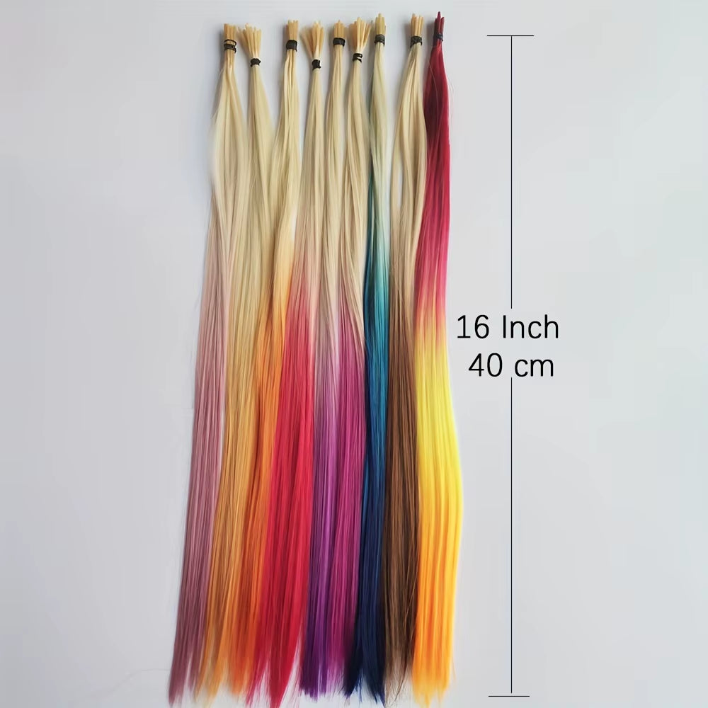 Rainbow Color Hair Extensions I-Tip Long Straight Hairpieces Synthetic Highlight Feather Micro Ring Hair Accessories Ombre Color