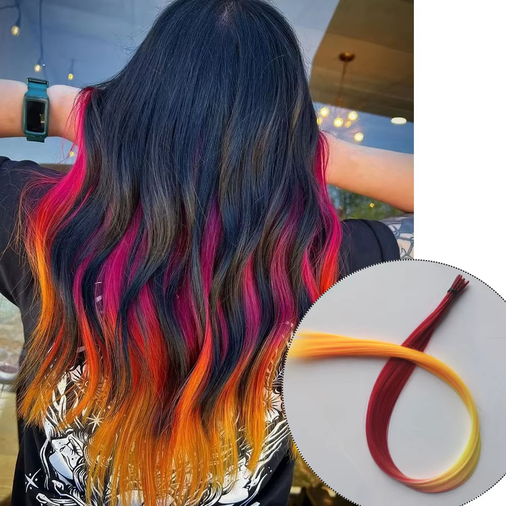 Rainbow Color Hair Extensions I-Tip Long Straight Hairpieces Synthetic Highlight Feather Micro Ring Hair Accessories Ombre Color