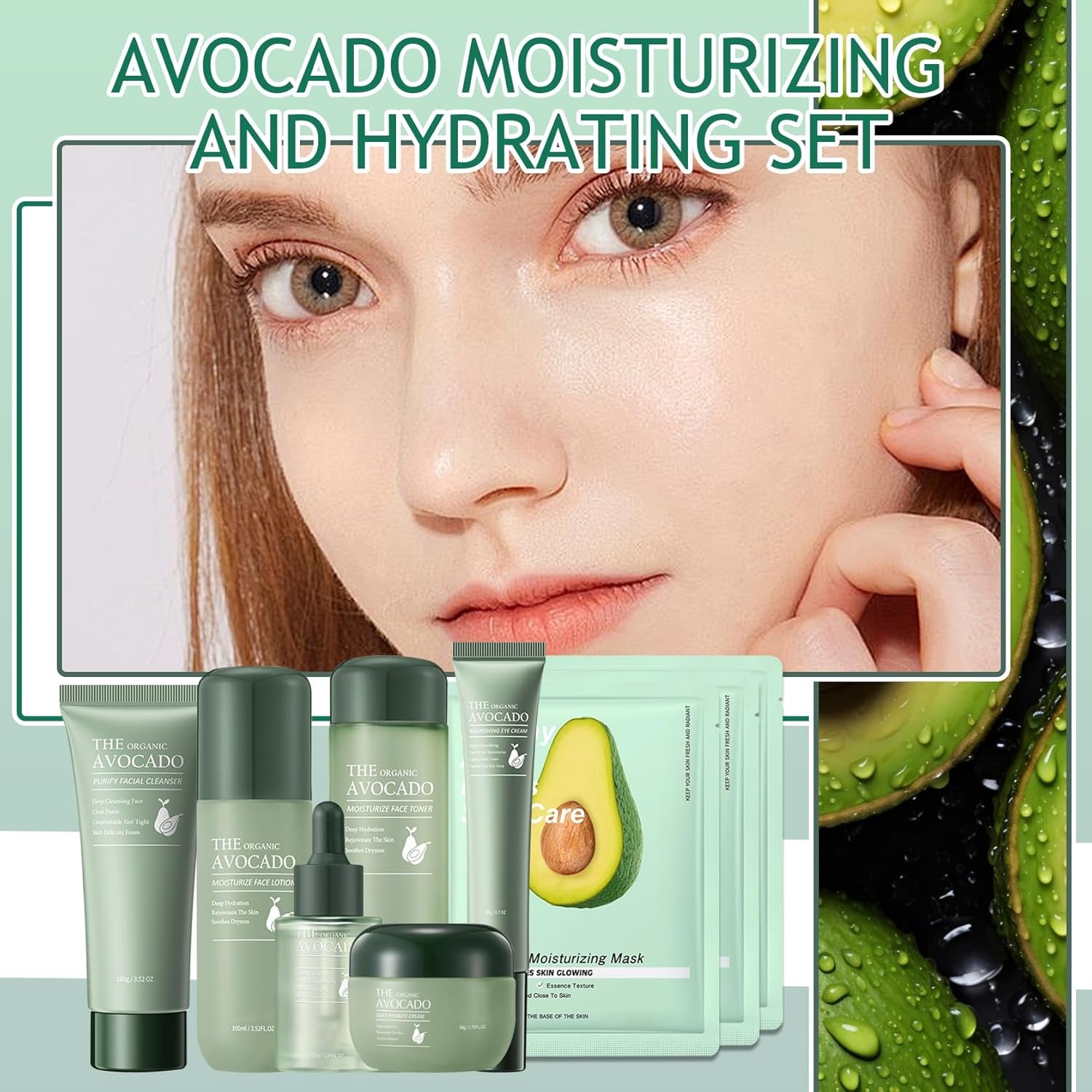 Avocado Skin Care Set,Facial Kit with Facial Cleanser,Toner,Eye Cream,Face Serum,Facial Serum,Face Cream,Lotion & 3PCS Face , Skincare Kit for Women (9PCS)