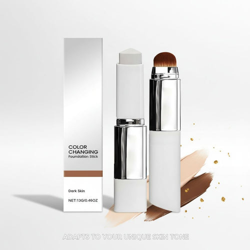 Color-Changing Foundation Stick with brush for dark skin, adapts to unique skin tone for a flawless finish.